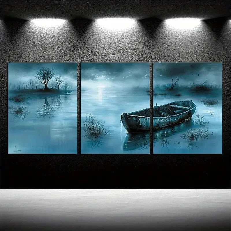 3pcs Dark Lake and Boat Scene Metal Print Ready to Hang Art