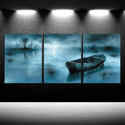 3pcs Dark Lake and Boat Scene Metal Print Ready to Hang Art