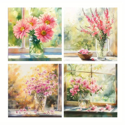 4pcs Vase Poster, Pink Flower Art Prints Wall Art Canvas Framed