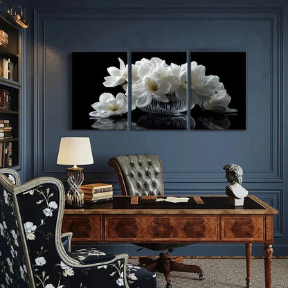 3pcs Elegant White Flowers In Crystal Vase Metal Print Ready to Hang Art