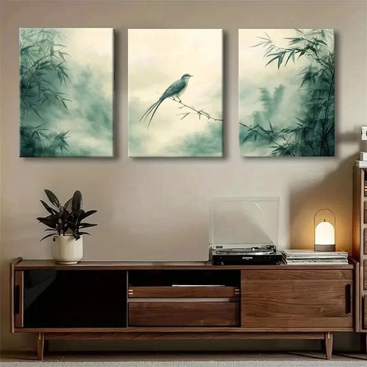 3pcs Serene Bamboo and Bird Nature Perfect Wall Art Set Canvas Framed 40x60cm - High Quality Print 100% Australian Made Wall Canvas Ready to Hang