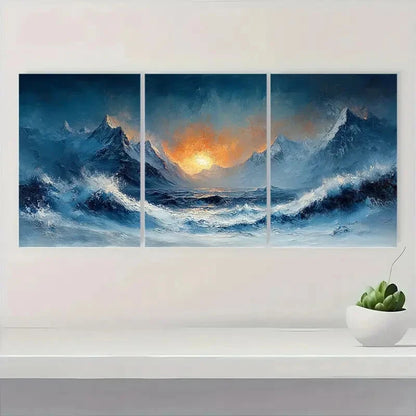 3pcs Abstract Wave & Mountain Landscape Metal Print Ready to Hang Art