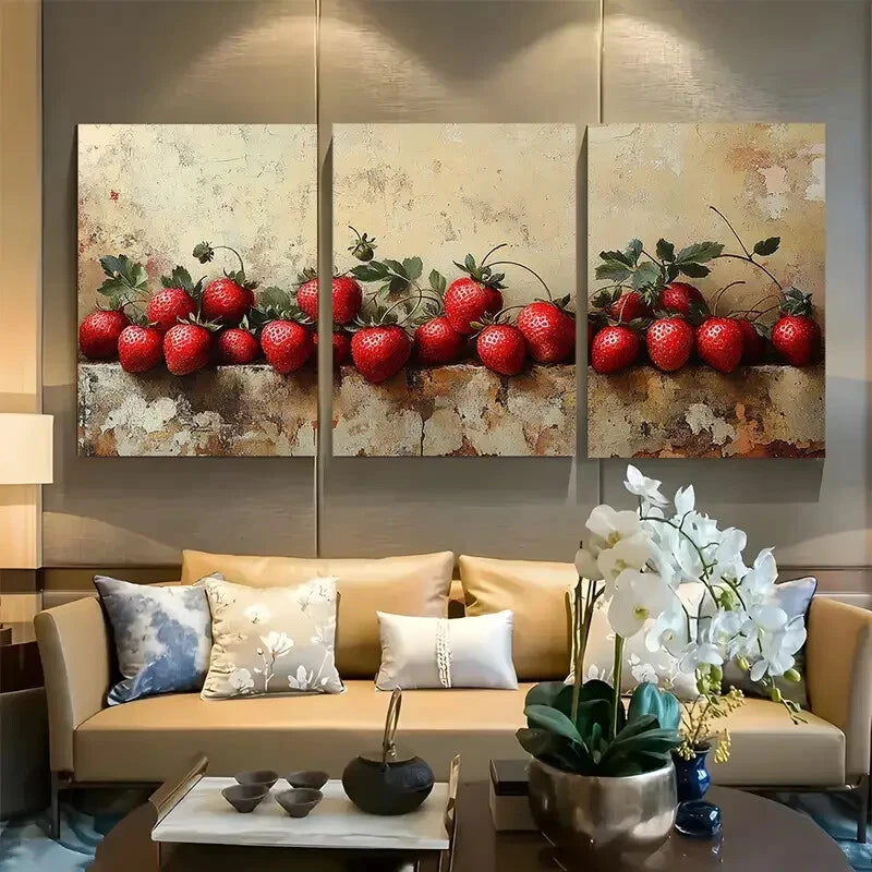 3pcs Vibrant Red Strawberries on Textured Design Metal Print Ready to Hang Art