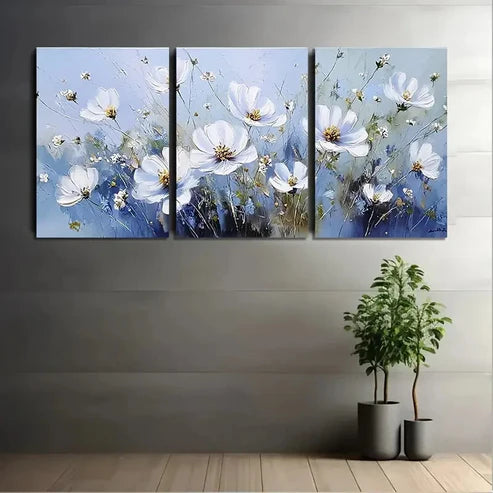 3pcs Soft White Flowers In Blue Wall Art Canvas Unframed - High Quality Print 100% Australian Made Wall Canvas