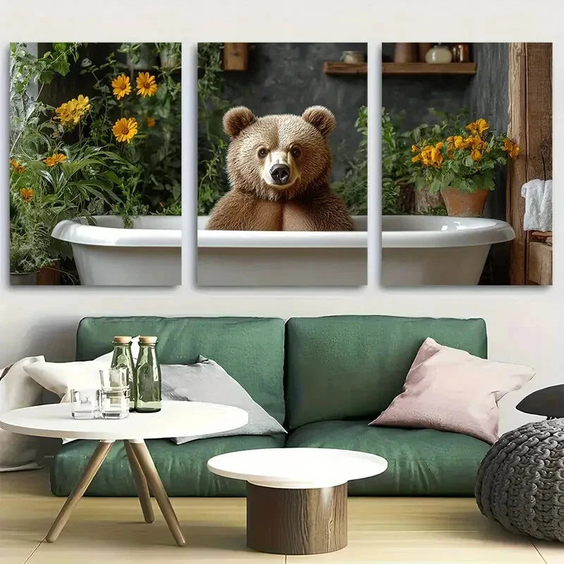 3pcs Charming Bear in Bathtub with Floral Elegance Metal Print Ready to Hang Art