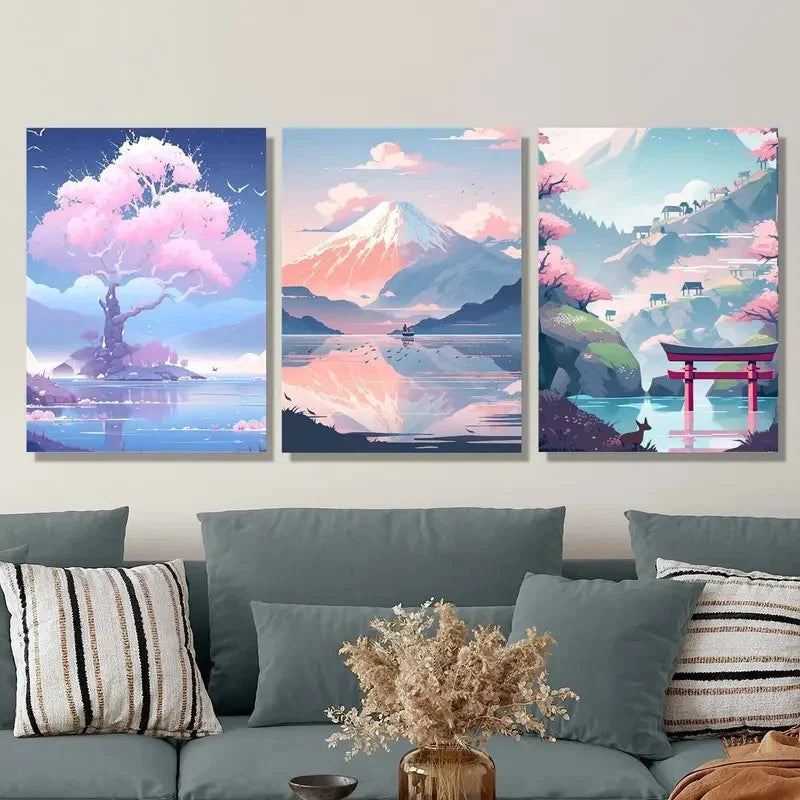 3pcs Snowy Mountain Landscape with Cherry Blossom Metal Print Ready to Hang Art