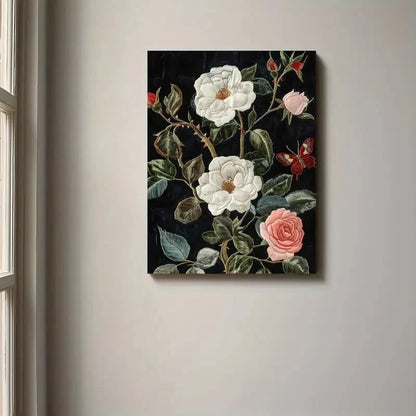 Floral painting on a wall next to a window