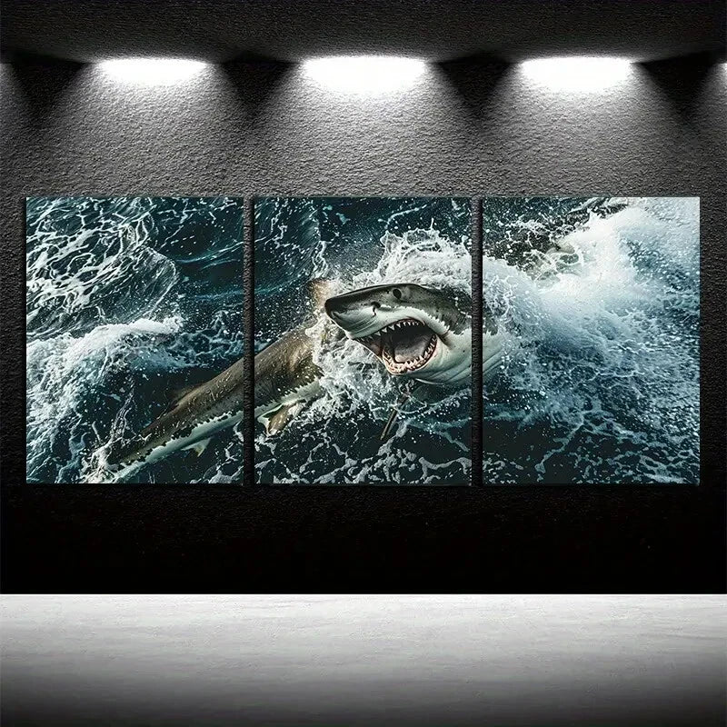 3pcs Dynamic Shark & Wave Ocean-Themed Design Metal Print Ready to Hang Art