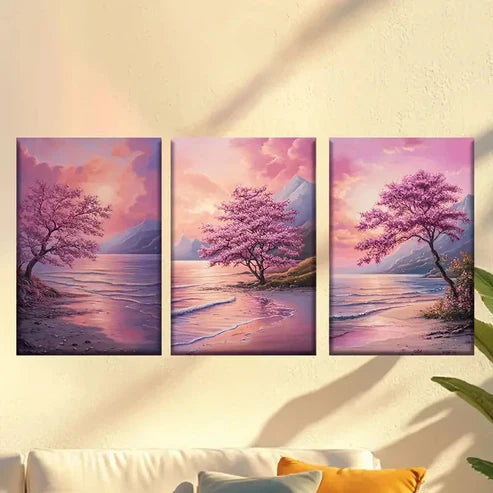 3pcs Sakura trees on the coast Wall Art Set Canvas Unframed - High Quality Print 100% Australian Made Wall Canvas