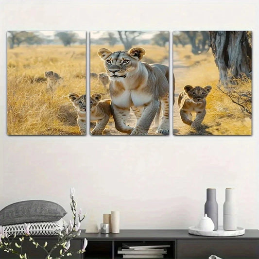 3pcs Scene with Mother Lion and Cubs Vibrant Metal Print Ready to Hang Art