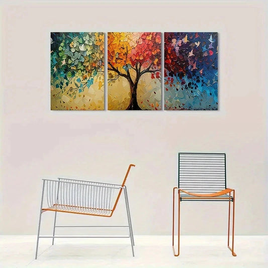 3pcs Abstract Tree Vibrant Fall Themed Paintings Metal Print Ready to Hang Art