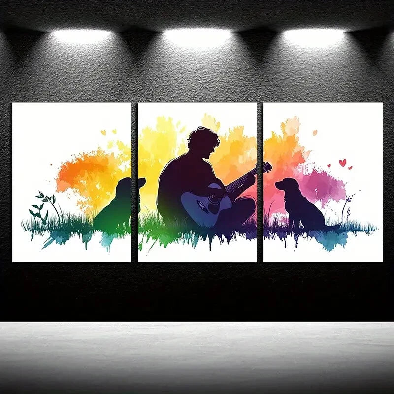 3pcs Guitar Player & Dog Illustration Metal Print Ready to Hang Art