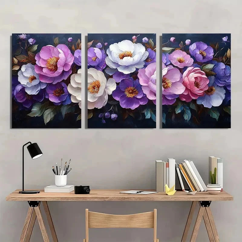 3pcs Oil Painting with Peony & Lupine Flowers Wall Art Set Canvas Framed 40x60cm - High Quality Print 100% Australian Made Wall Canvas Ready to Hang