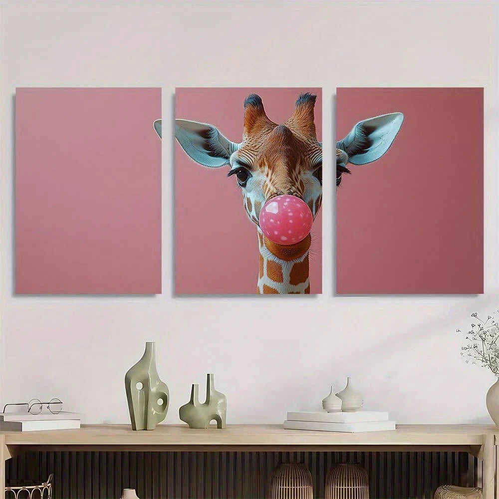 3pcs Giraffe Bubble Gum Animal Theme Metal Print Ready to Hang Art