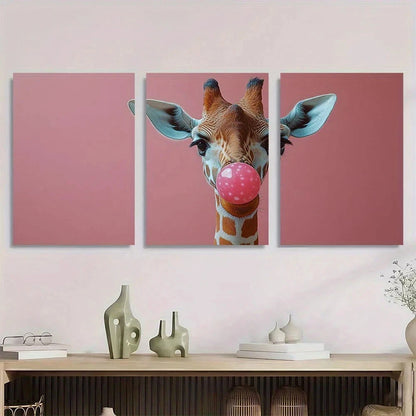 3pcs Giraffe Bubble Gum Animal Theme Metal Print Ready to Hang Art