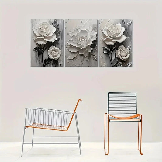 3pcs Embossed White Rose Modern Metal Print Ready to Hang Art