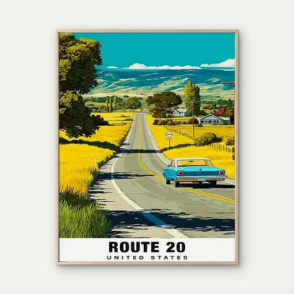 Vintage Route 20 USA Highway Turquoise Travel Poster Print Wall Art