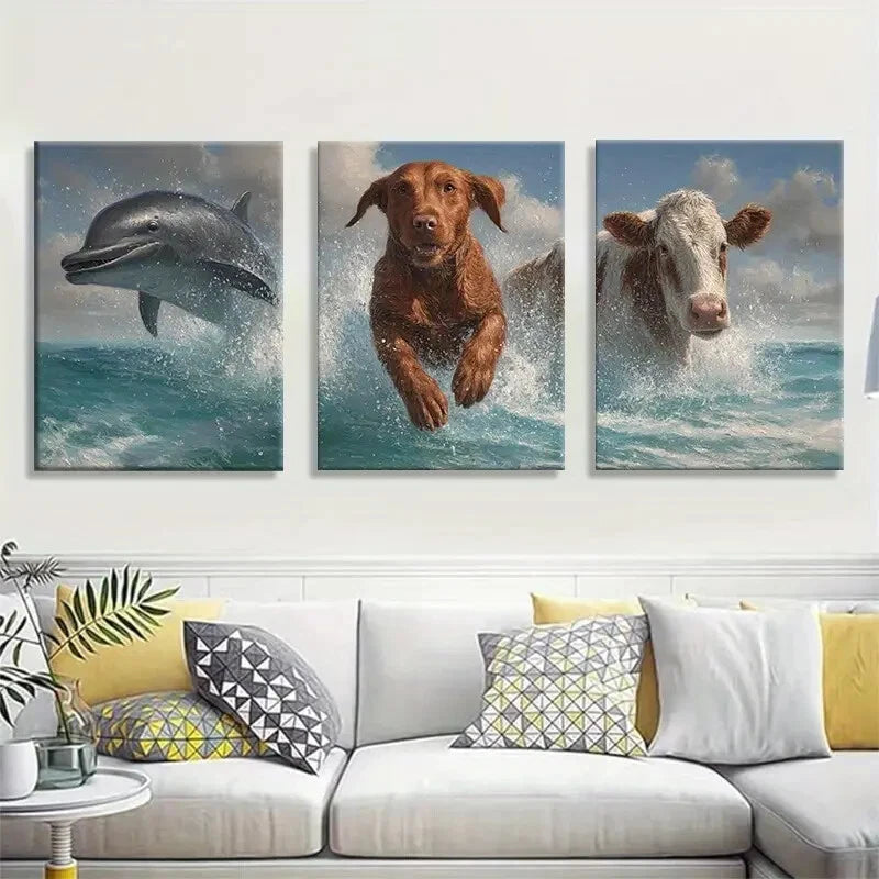 3pcs Dolphin Dog and Cow Jumping in Ocean Metal Print Ready to Hang Art