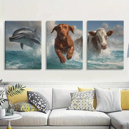3pcs Dolphin Dog and Cow Jumping in Ocean Metal Print Ready to Hang Art