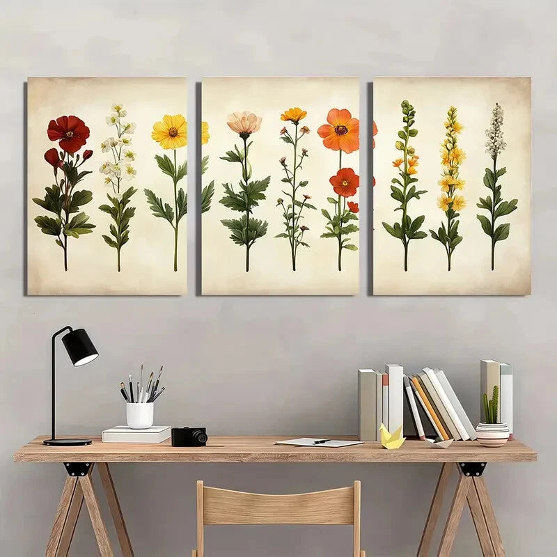 3pcs Minimalist Wildflower Botanical Illustrations Metal Print Ready to Hang Art