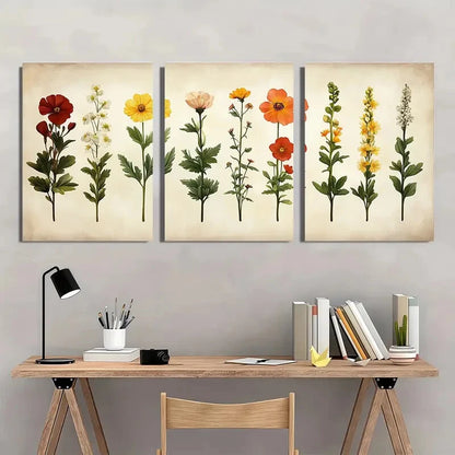 3pcs Minimalist Wildflower Botanical Illustrations Metal Print Ready to Hang Art