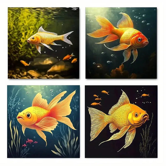 4pcs Golden Fish Modern Elegant Wall Art Canvas Framed