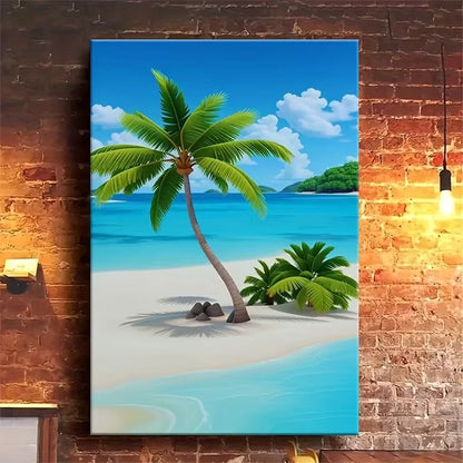 Palm Tree, Ocean & Sandy Shore 60x90cm Metal Print Ready to Hang