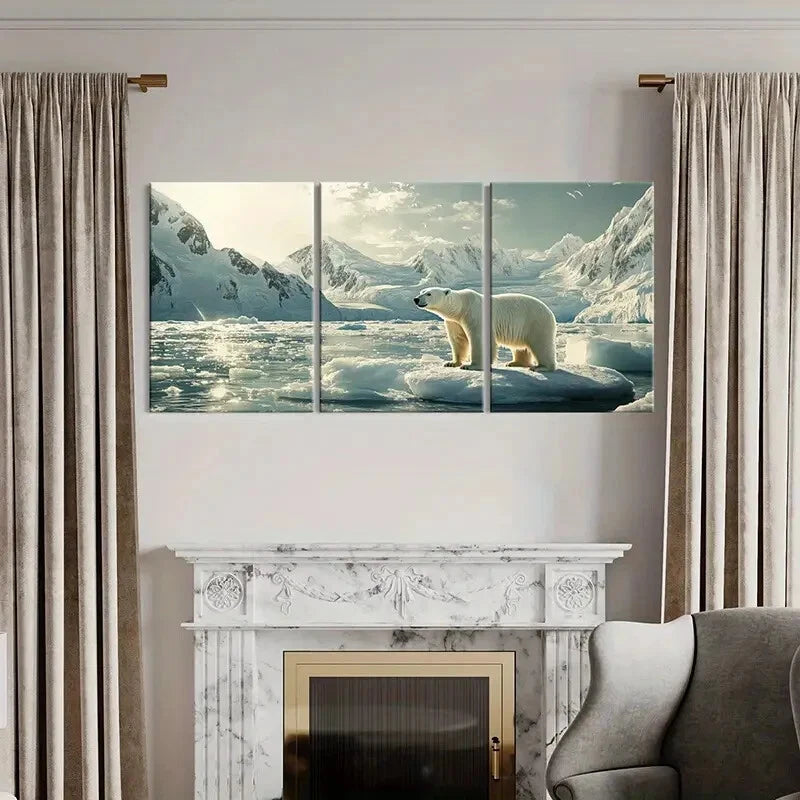 3pcs Polar Bear & Snowy Mountain Landscape Metal Print Ready to Hang Art