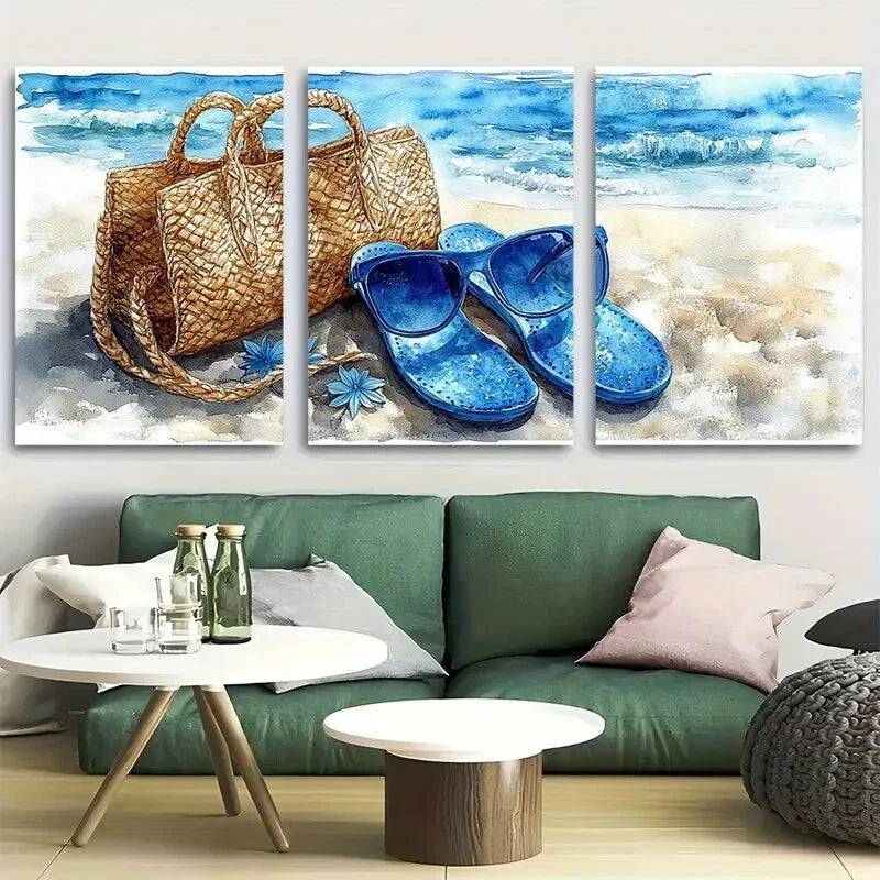 3pcs Navy Blue Fashion Glasses Beach Bag Flip Flop Metal Print Ready to Hang Art