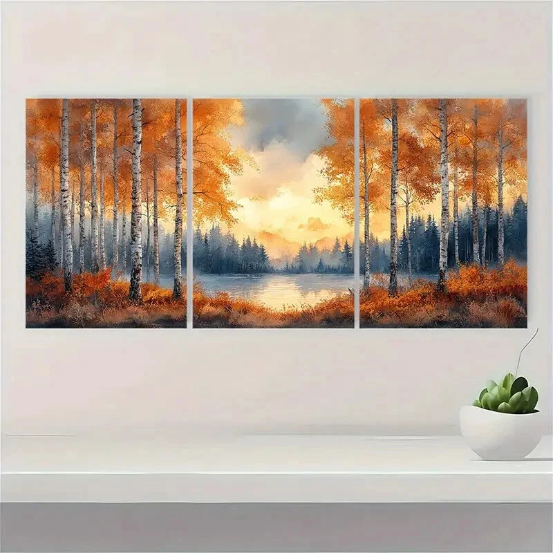 3pcs Autumn Forest Landscape with Vibrant Fall Metal Print Ready to Hang Art