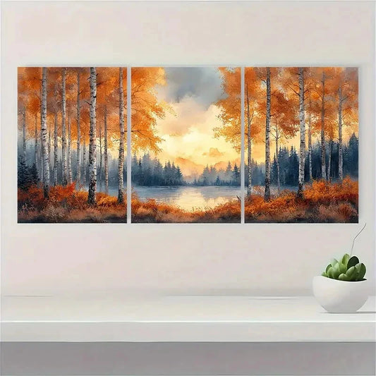 3pcs Autumn Forest Landscape with Vibrant Fall Metal Print Ready to Hang Art