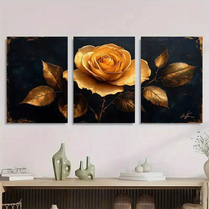 3pcs Black and Golden Rose Beautiful Metal Print Ready to Hang Art