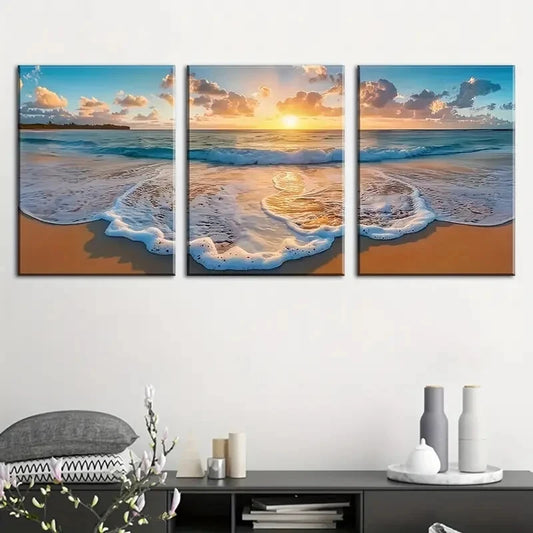 3pcs Featuring Beach Waves And Sunrise Perfect Wall Art Set Canvas Framed 40x60cm - High Quality Print 100% Australian Made Wall Canvas Ready to Hang
