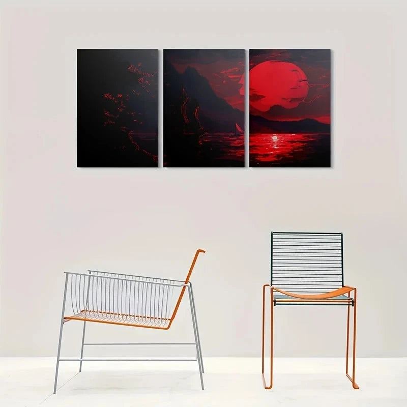 3pcs Red Sunset Sailing Boat Metal Print Ready to Hang Art