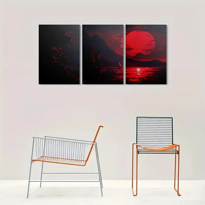 3pcs Red Sunset Sailing Boat Metal Print Ready to Hang Art