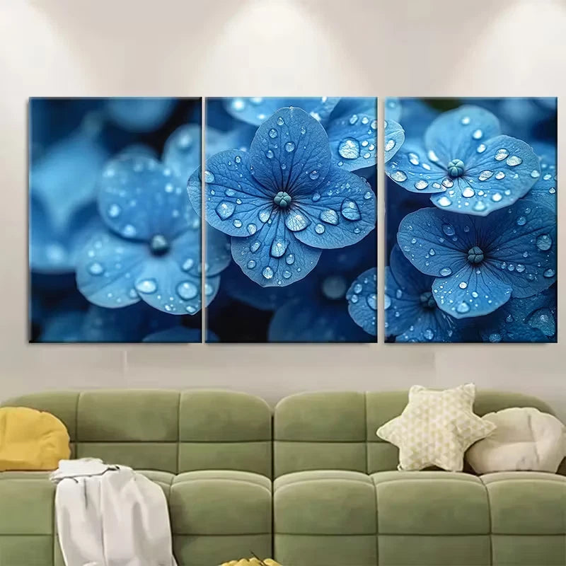 3pcs Blue Hydrangea with Water Droplets Metal Print Ready to Hang Art