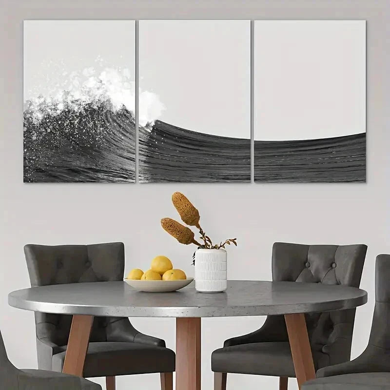 3pcs Black and White Ocean Waves Metal Print Ready to Hang Art