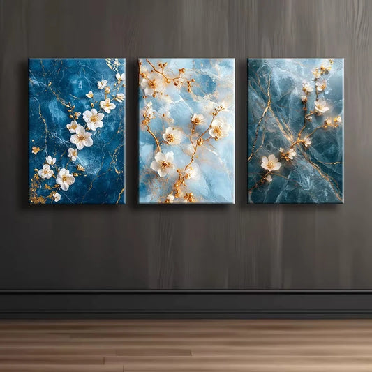 3pcs Blue, White & Golden Flowers Wall Art Set Canvas Framed 60x90cm - High Quality Print 100% Australian Made Wall Canvas Ready to Hang