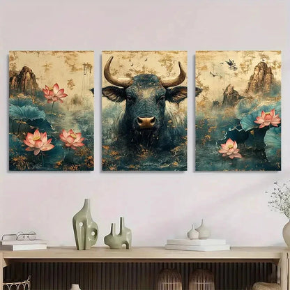 3pcs Cow Long Horns Animal Themed Florals Metal Print Ready to Hang Art