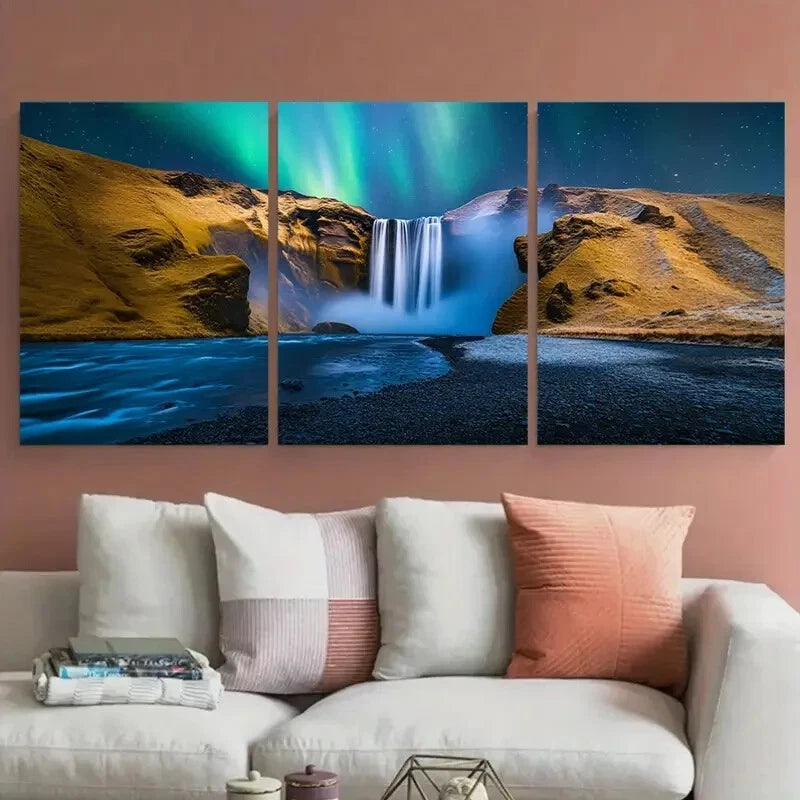 3pcs Skogafoss Waterfall Northern Lights Icelandic Metal Print Ready to Hang Art