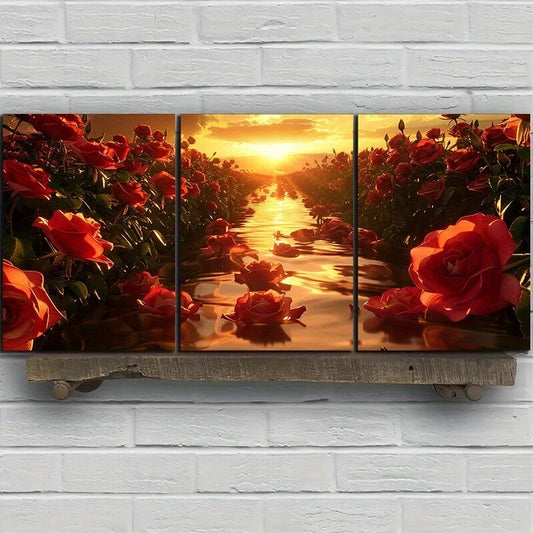 3pcs Sunset Rose River Floral Metal Print Ready to Hang Art