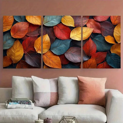 3pcs Vibrant Modern Abstract Autumn Leaves Metal Print Ready to Hang Art