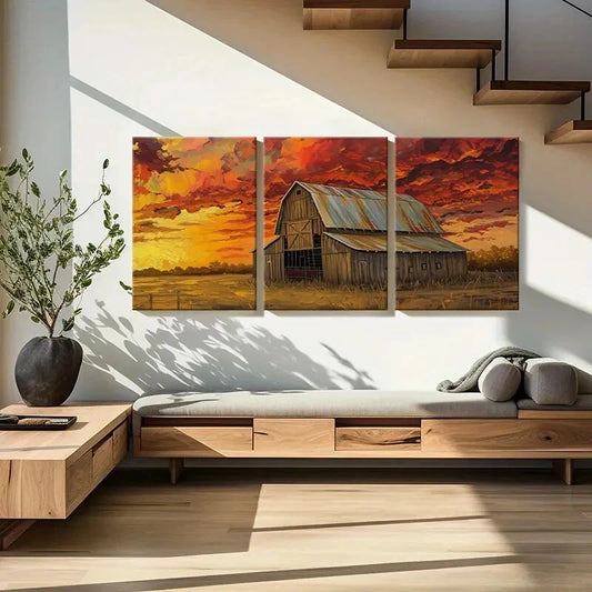 3pcs Rustic Barn Sunset Sky Wooden Structure Metal Print Ready to Hang Art