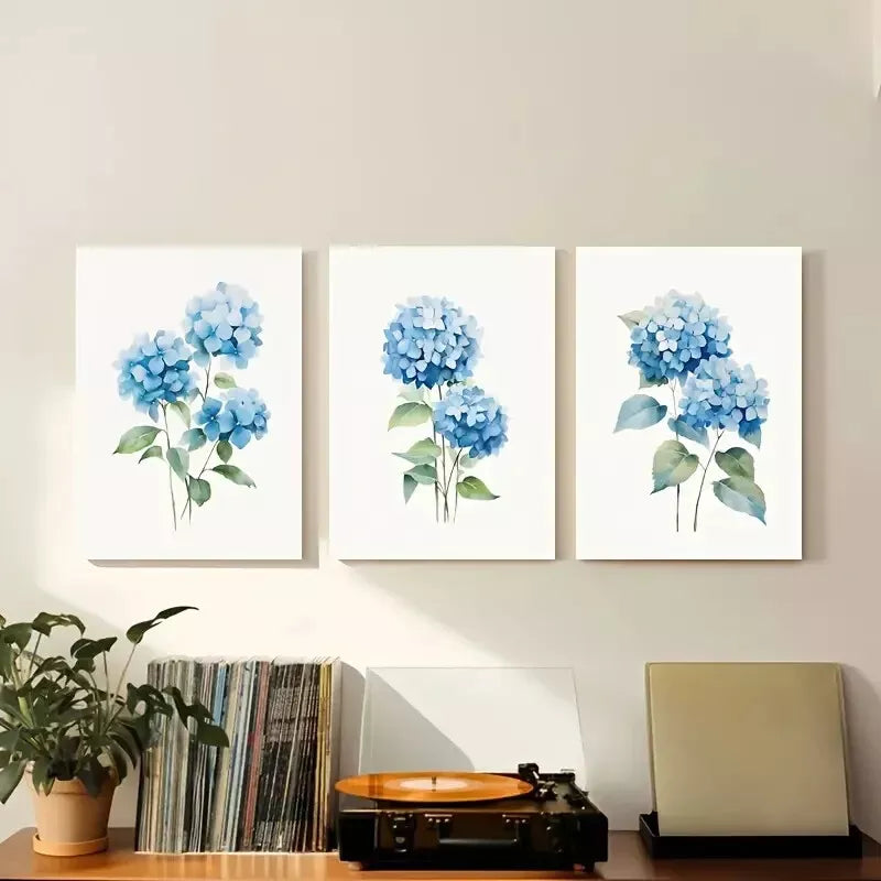 3pcs Farmhouse Blue Hydrangea Floral Wall Art Set Canvas Framed 50x70cm - High Quality Print 100% Australian Made Wall Canvas Ready to Hang - Bella Home Decor
