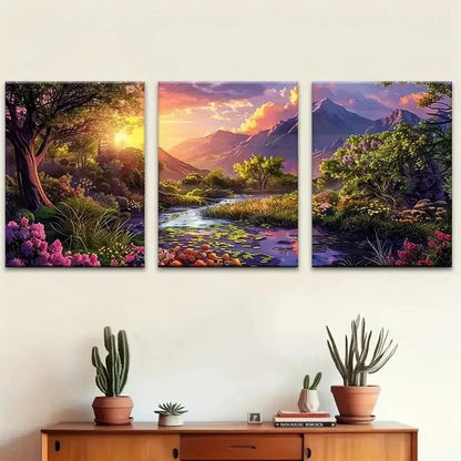 3pcs Sunset Mountains Floral Stream Valley Metal Print Ready to Hang Art