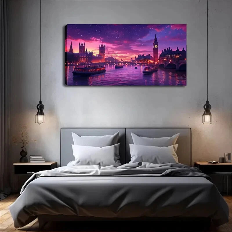 Minimalist Purple Sky Cityscape Wall Art Canvas Office Home Room Framed 120x60cm