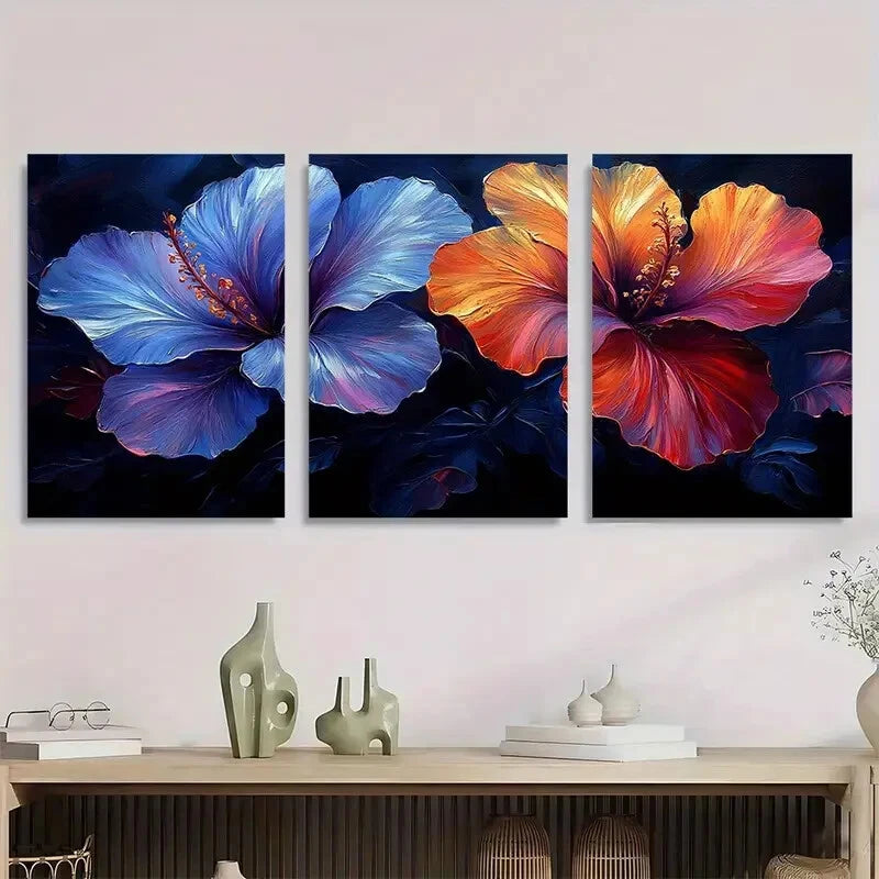 3pcs Vibrant Hibiscus Flower Purple White Red Metal Print Ready to Hang Art
