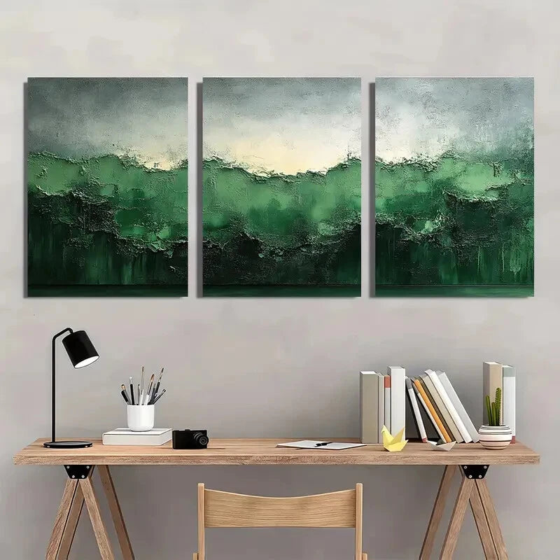 3pcs Green and Gray Abstract Textured Wabi Sabi Metal Print Ready to Hang Art