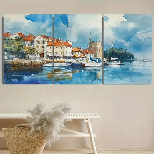 3pcs Vibrant Coastal Scene with Boats Wall Art Set Canvas Unframed - High Quality Print 100% Australian Made Wall Canvas