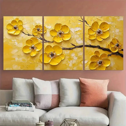 3pcs Vibrant Yellow Blossom Floral Texture Metal Print Ready to Hang Art